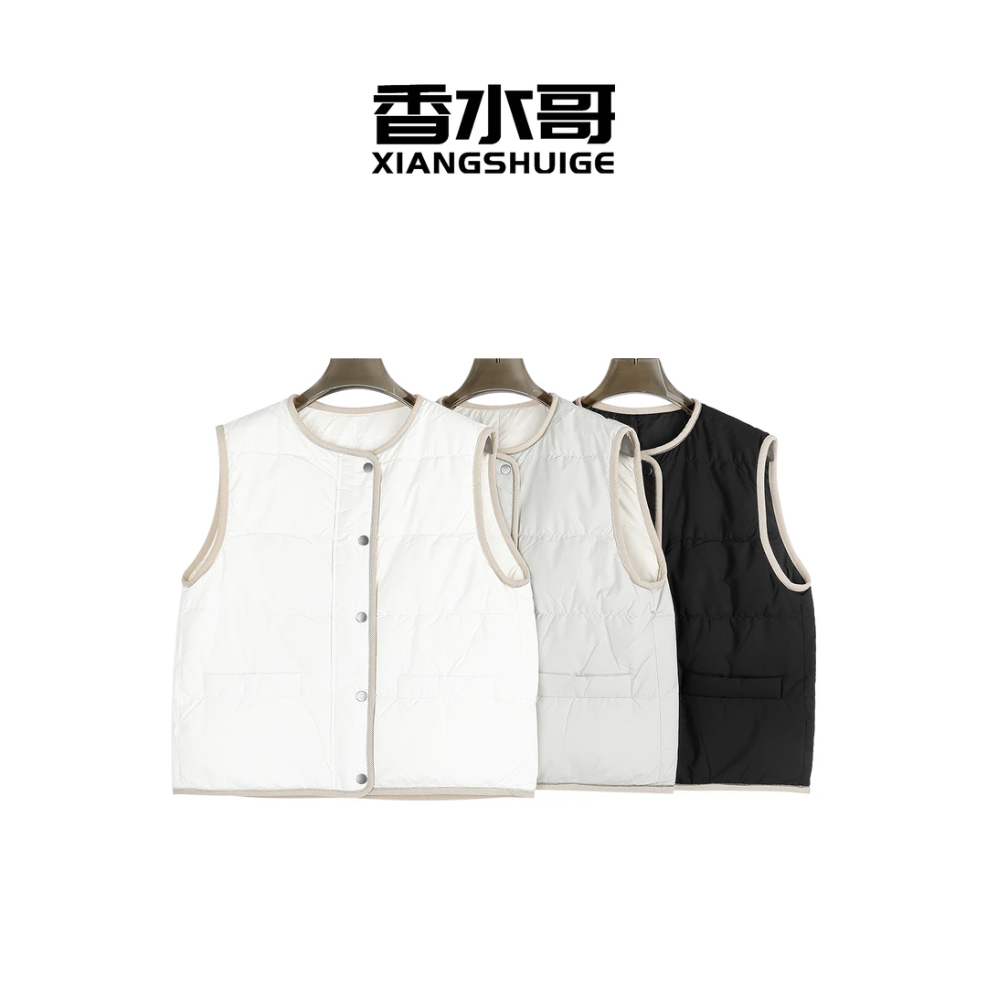 2024新款秋冬女纯色羽绒服马甲外套简约圆领无袖白鹅绒休闲背心