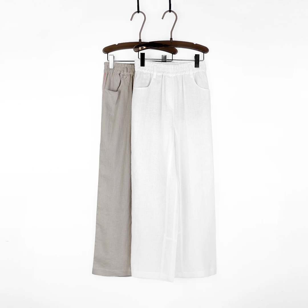 女士2024夏装新款通勤休闲侧珠链织带麻布长裤直筒宽松阔腿裤