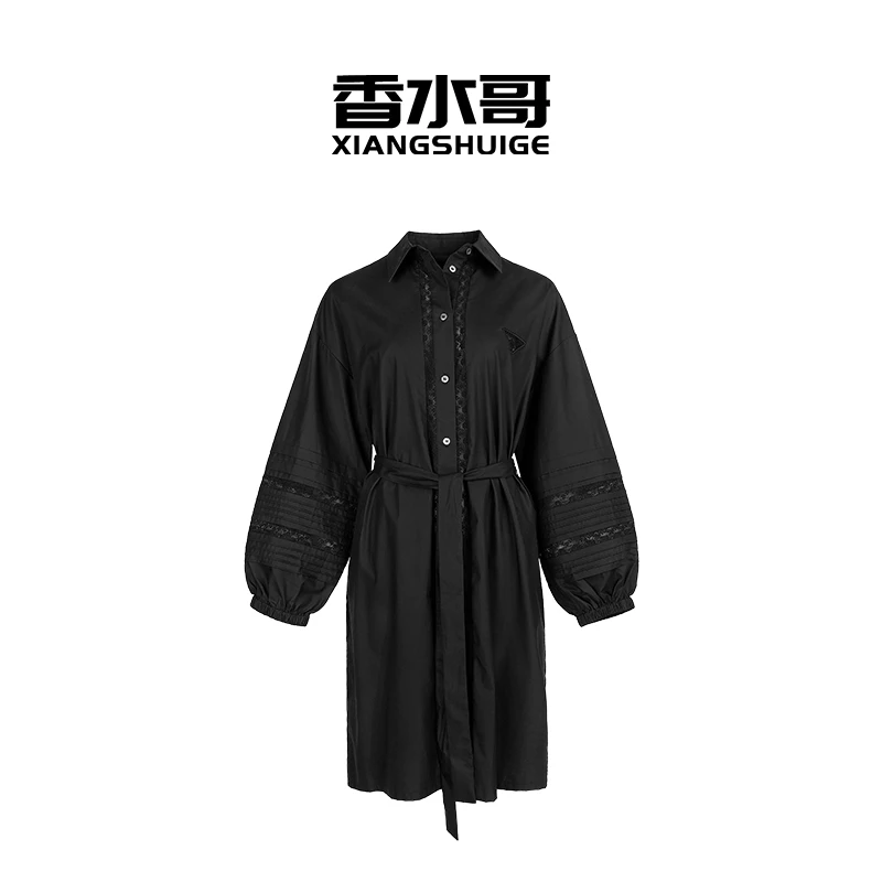 2024夏季新品女休闲翻领镂空长袖收腰系带纯色衬衫裙子简约连衣裙