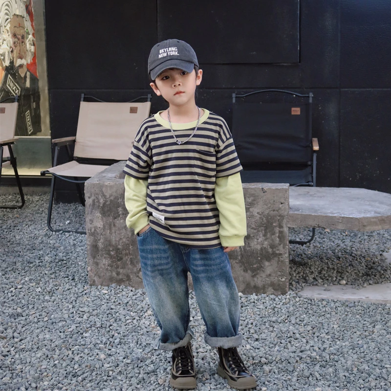 春秋季童装儿童假两件卫衣条纹长袖男宝女宝休闲上衣中小童帅宽松