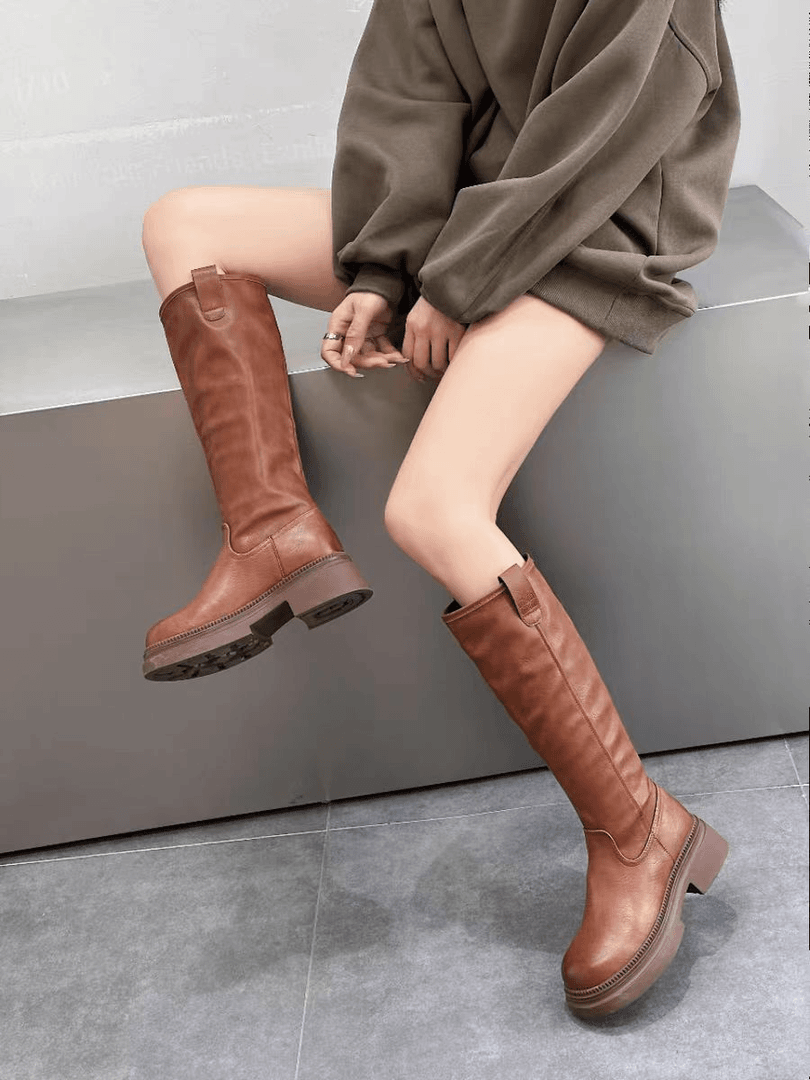（单里）厚底西部骑士靴长筒靴女新款复古粗跟圆头显瘦高筒靴 8962