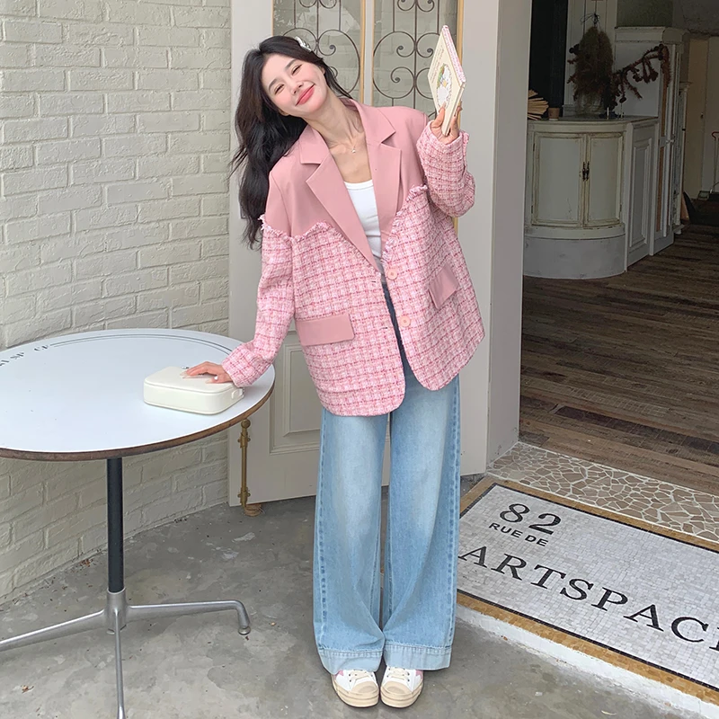 高级感粉色小个子西装外套女春秋2024新款韩版小香风拼接休闲西服