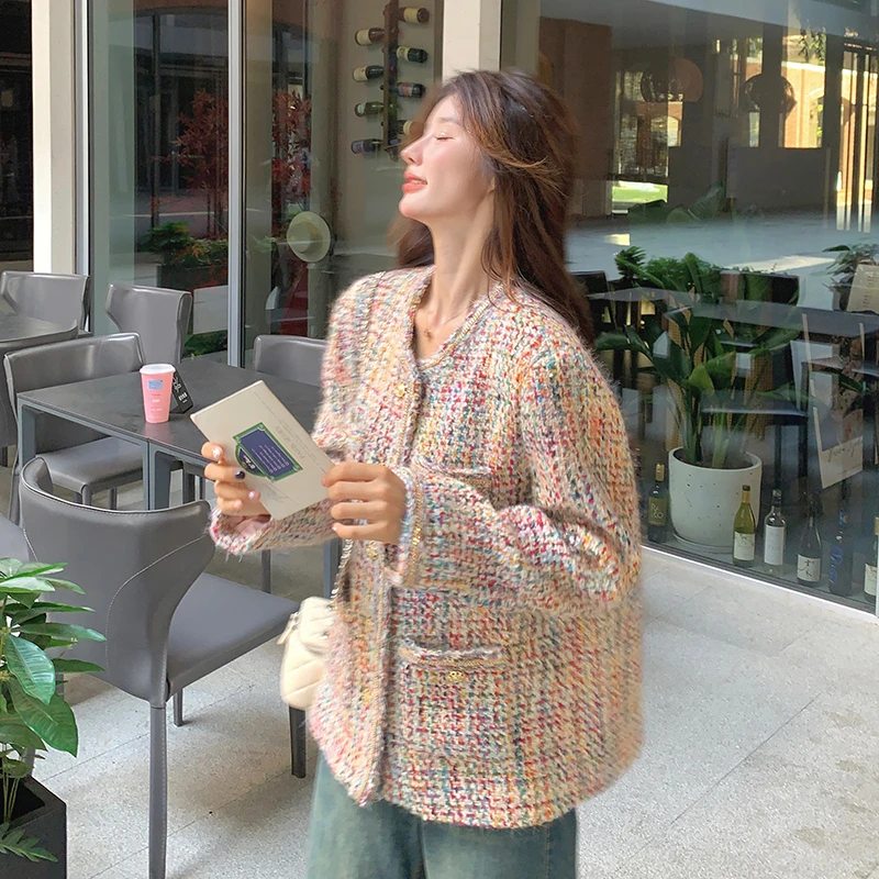 杏奈儿法式彩色多巴胺设计甜美小香风上衣女春秋新款减龄显瘦外套