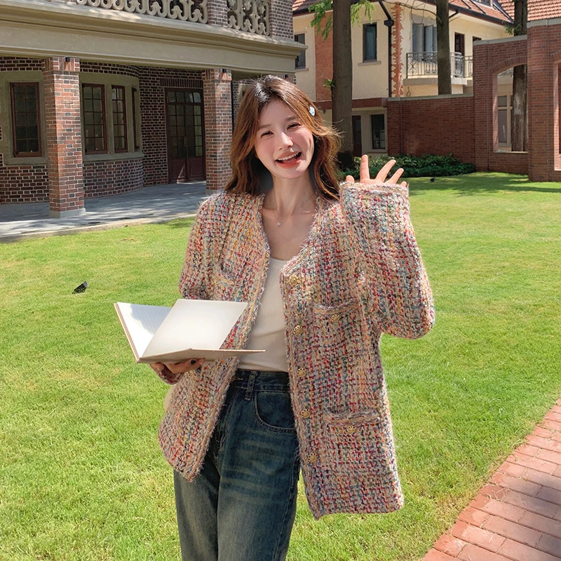 杏奈儿法式彩色多巴胺设计甜美小香风上衣女春秋新款减龄显瘦外套