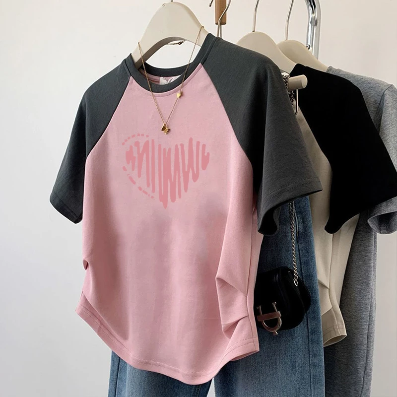 纯棉正肩圆领短袖t恤女小众插肩袖夏季拼接修身显瘦印花上衣复古