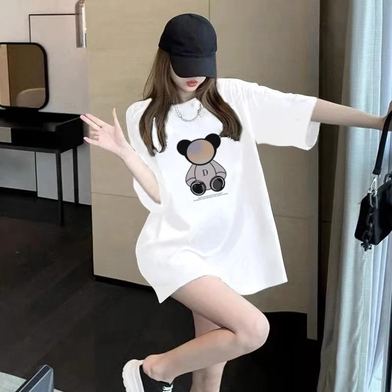 欧货白色字母印花短袖T恤女长款2024夏新款宽松纯棉遮臀半袖上衣