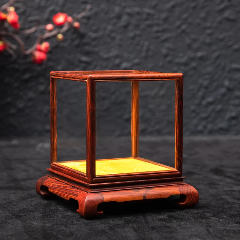 红木玻璃罩红酸枝明式佛像花瓶古董观音摆件玉石防尘罩透明展示盒