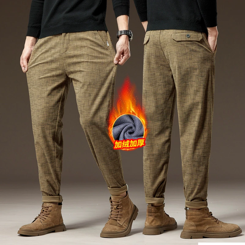 新款灯芯绒休闲裤格纹男士宽松秋冬潮流百搭小直筒韩版加绒长裤