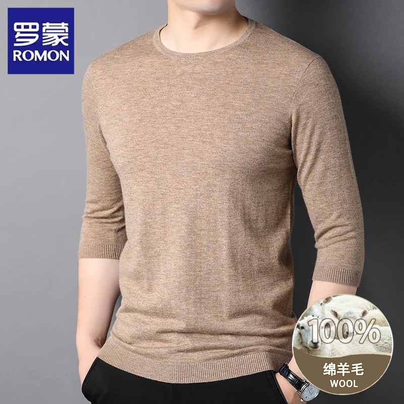 秋冬圆领七分袖羊毛衫男薄款半袖毛衣时尚百搭针织T恤打底衫潮