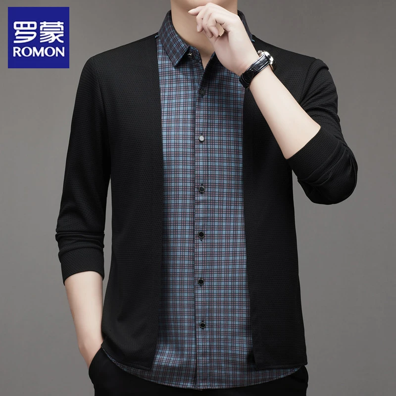 罗蒙假两件衬衫男春秋季中年商务宽松设计感小众格子拼接针织外套