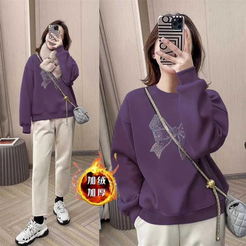 卫衣女秋冬装加绒保暖圆领套头宽松修身印花休闲外穿加厚显瘦上衣