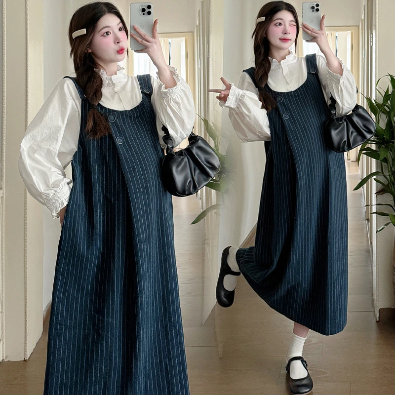 孕妇装秋装连衣裙长款过膝休闲背带裙长袖套头打底衬衫减龄两件套