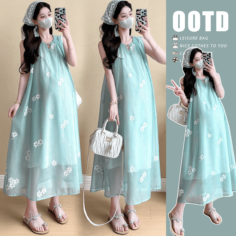 【初禾】孕妇夏装连衣裙时尚款无袖减龄刺绣背心裙宽松遮肚显瘦裙子