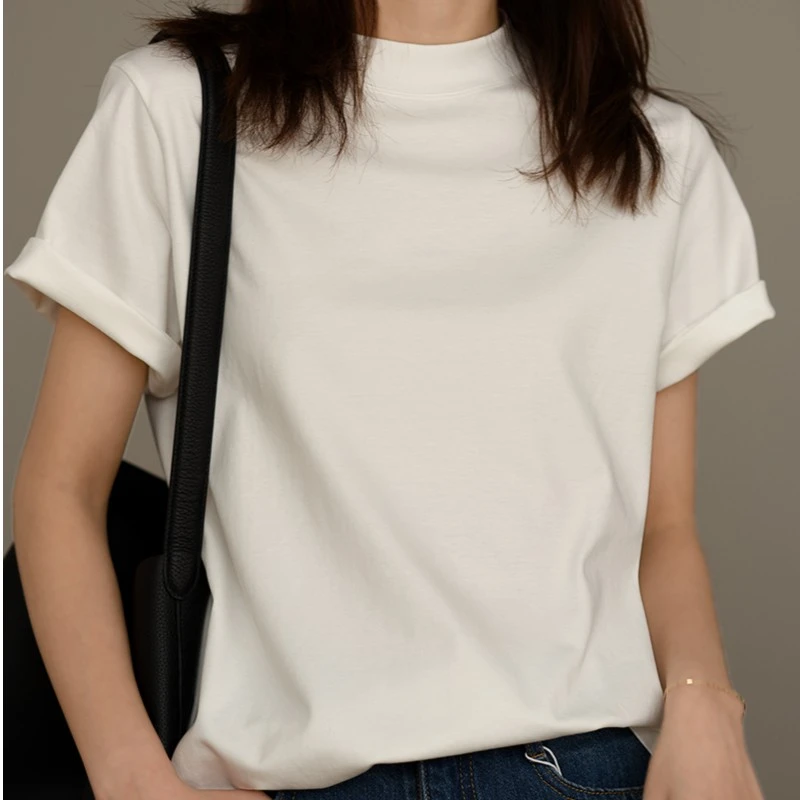 高品质 匹马棉小立领后中线正肩T恤女纯白色宽松夏季简约百搭短袖