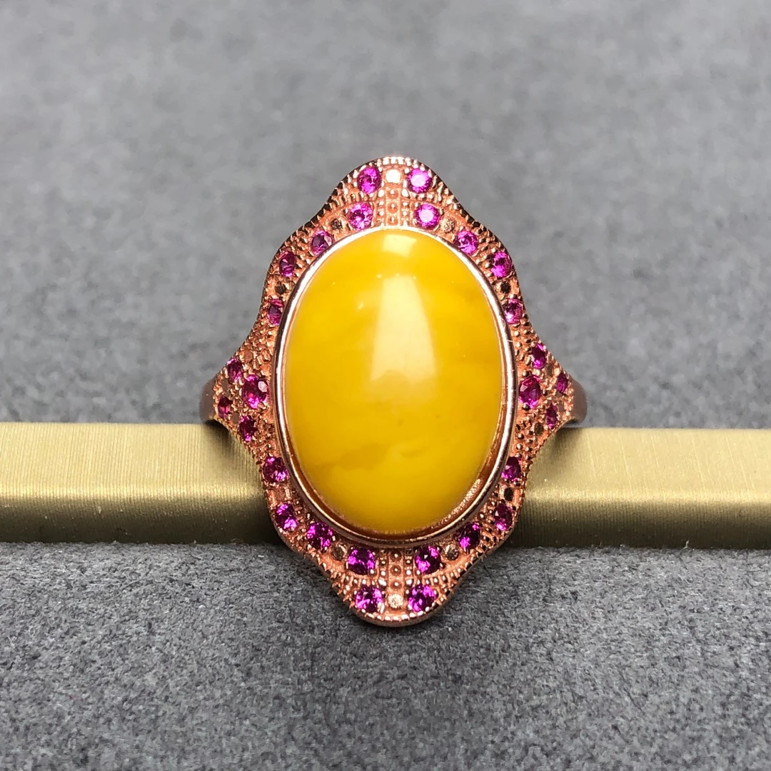 波罗的海玫瑰金银镶蜜蜡开口戒指时尚百搭可调蜜蜡戒指