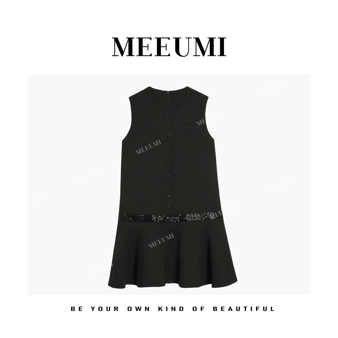 【MEEUMI】夏款醋酸小香拼接气质轻奢黑色设计师连衣裙DA1266LM