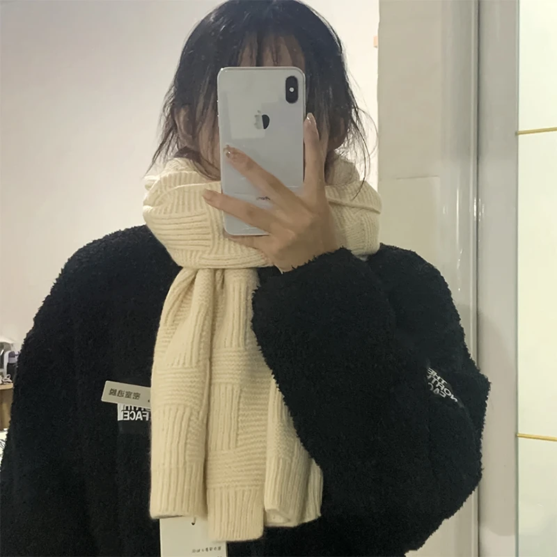 复古百搭真谛~纯色小方格毛线针织围巾女秋冬ins韩版学生保暖围脖