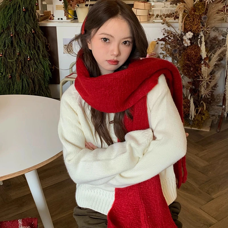 新年圣诞红色围巾女冬季保暖加厚百搭纯色针织流苏围脖披肩学生