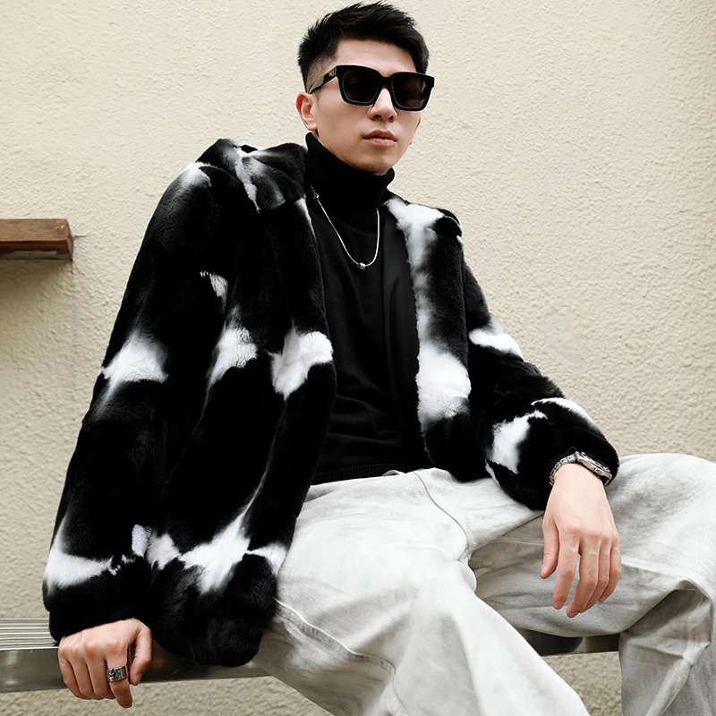 原生态扎染獭兔皮毛一体2024冬季新款海宁皮草外套男连帽夹克休闲