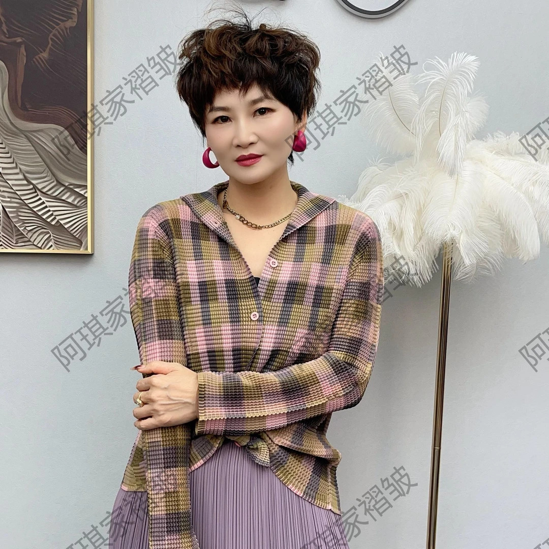 秋冬新款褶皱玉米粒格子开衫外套百搭简约时尚复古风衬衫