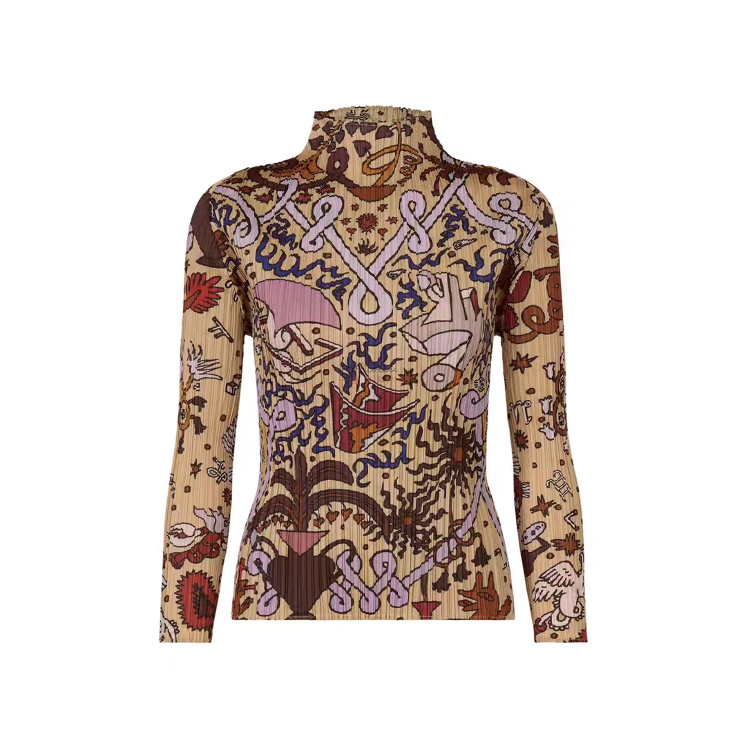 小众修身印花连衣裙女秋季高级感褶皱宽松显瘦遮肉圆领长袖打底裙