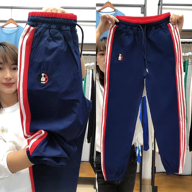 大码冰丝速干运动裤女2023夏季薄款三道杠百搭显瘦束脚休闲哈伦裤