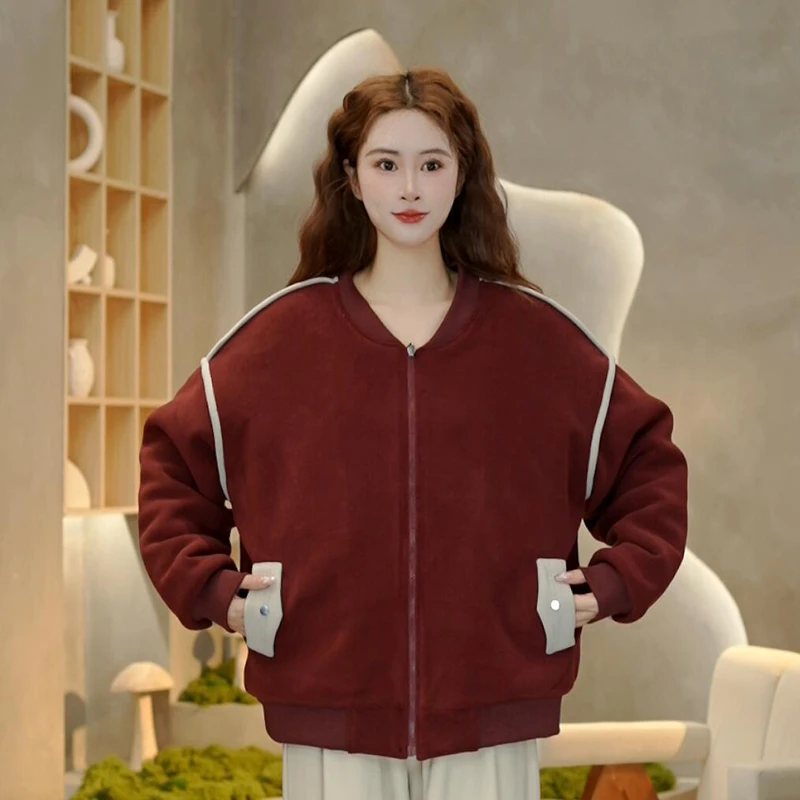 6645 秋冬新款线条感棒球服外套时尚百搭加绒拼接撞色休闲上衣