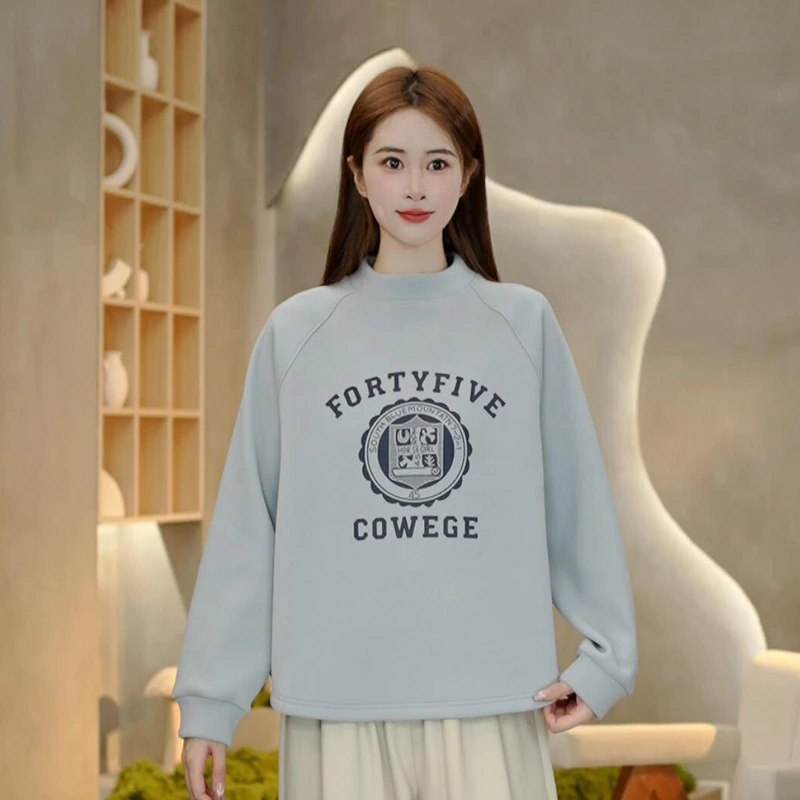 6646 秋冬新款纳米绒徽章印花圆领卫衣时尚百搭宽松长袖休闲上衣