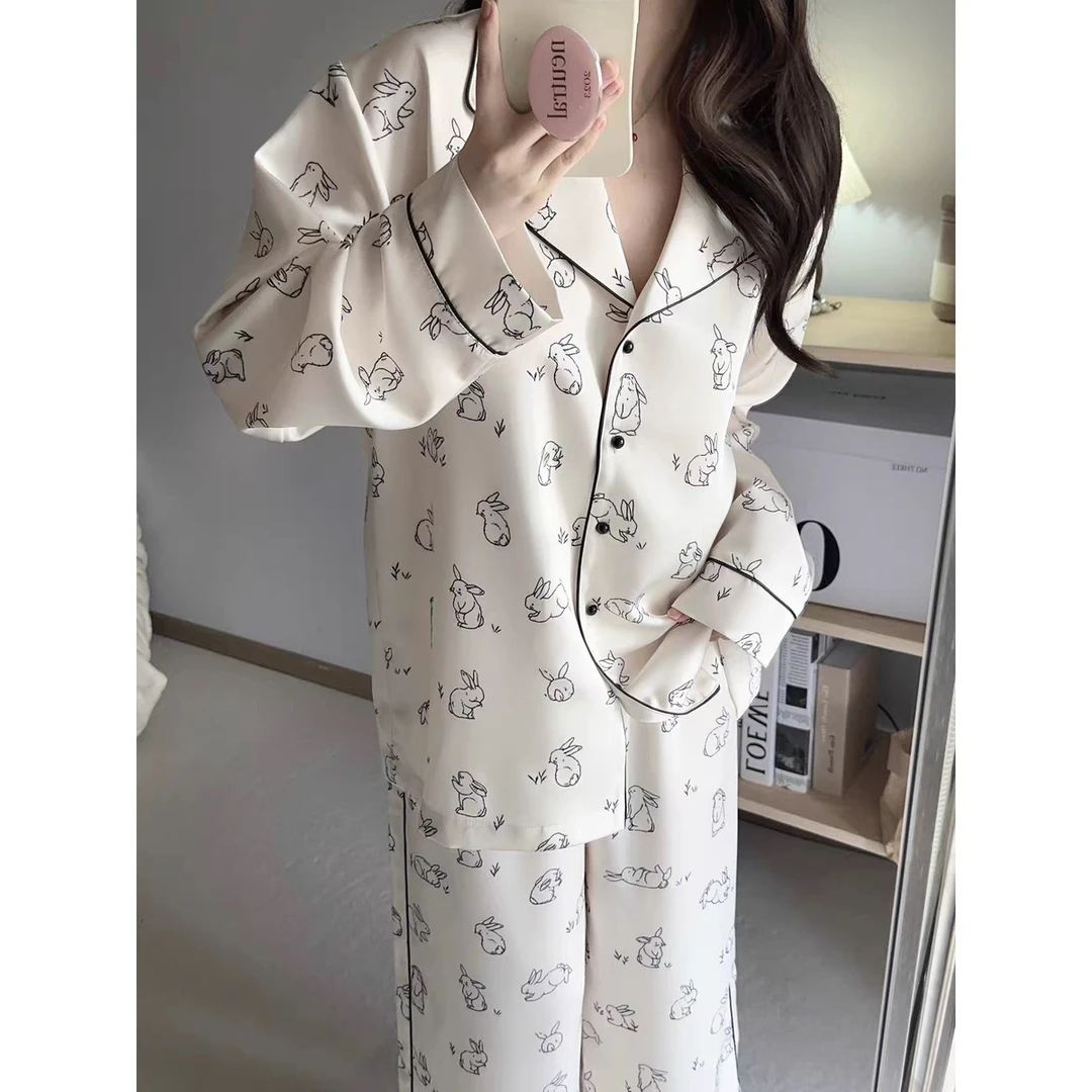 【兔兔派对】牛奶丝高级感兔子印花睡衣长袖套装外穿家居服443&450