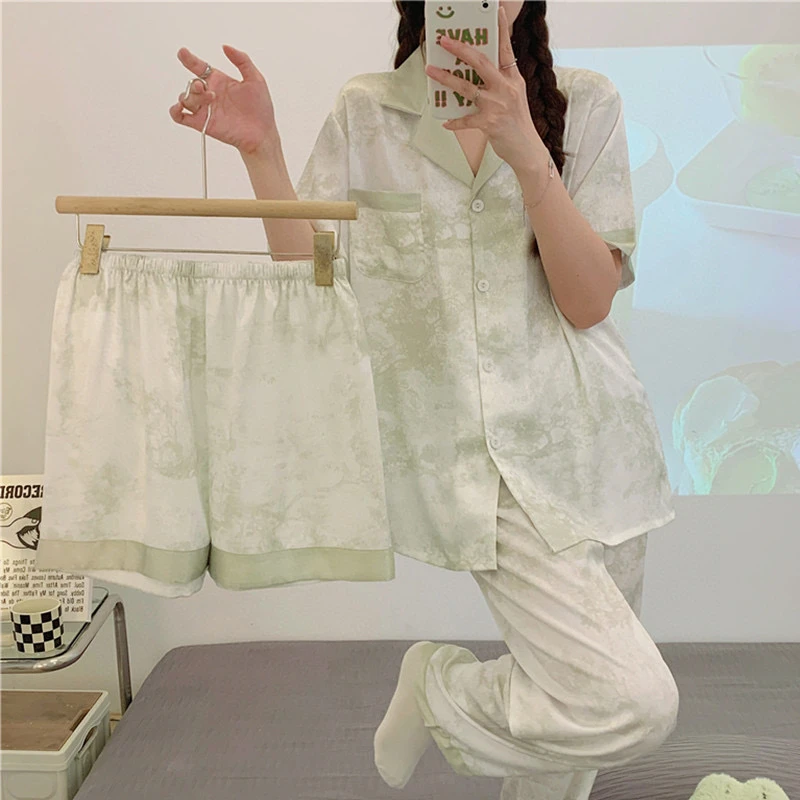 【水墨】新款柔软舒适牛奶丝短袖三件套高级感气质家居服套装887