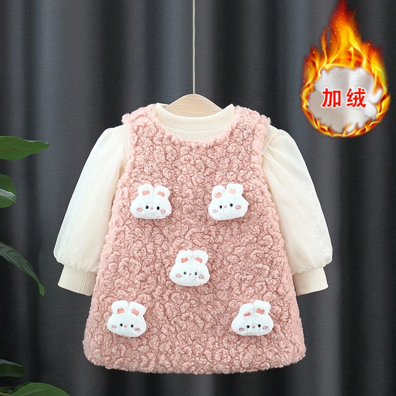 女童加绒连衣裙2024新款洋气秋冬装婴儿公主裙小女宝宝保暖套装裙