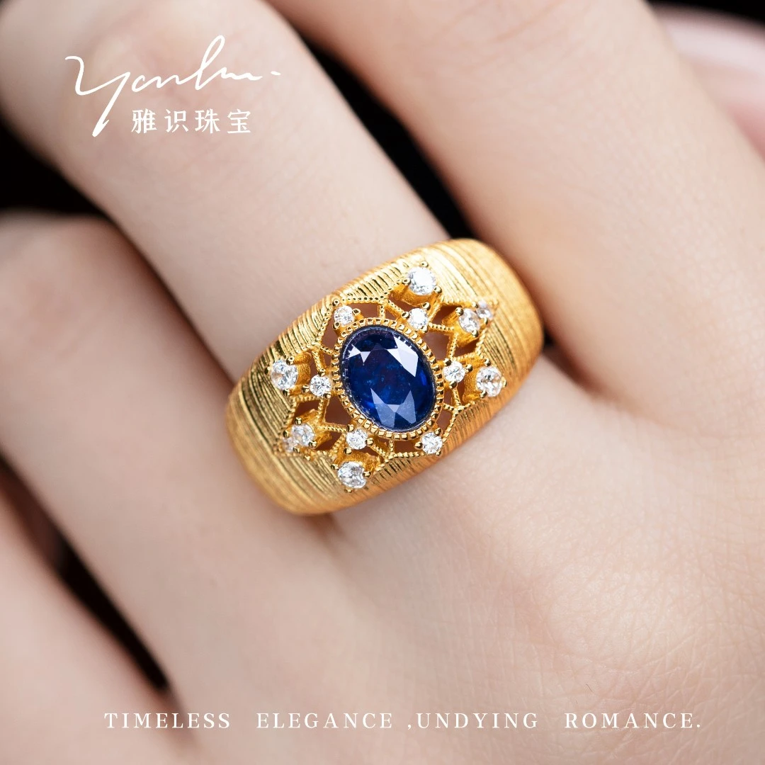 S925银天然蓝宝石拉丝戒指 05112