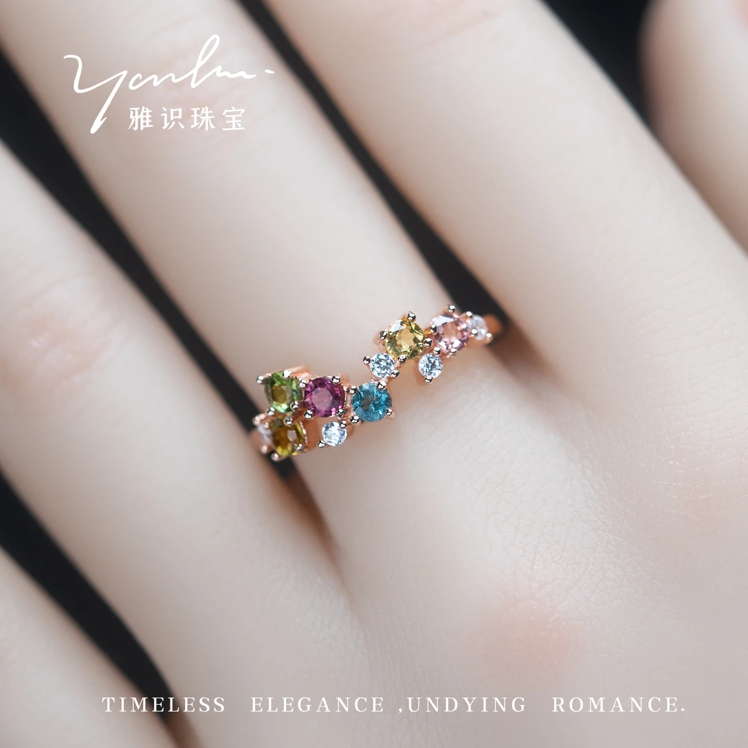 s925银天然彩色碧玺满天星戒指 YS0897
