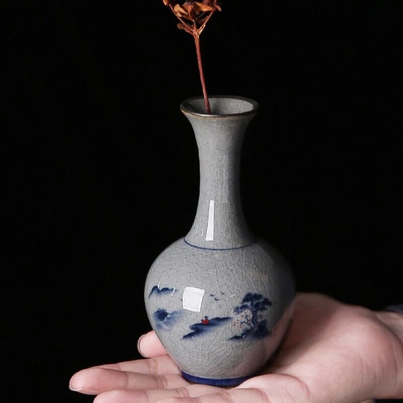 哥窑山水陶瓷花插摆件茶具配件  K-498