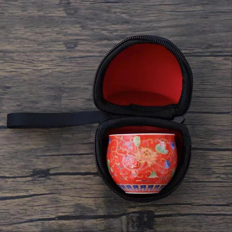 红色缠枝莲陶瓷主人杯（带布包）   K-862