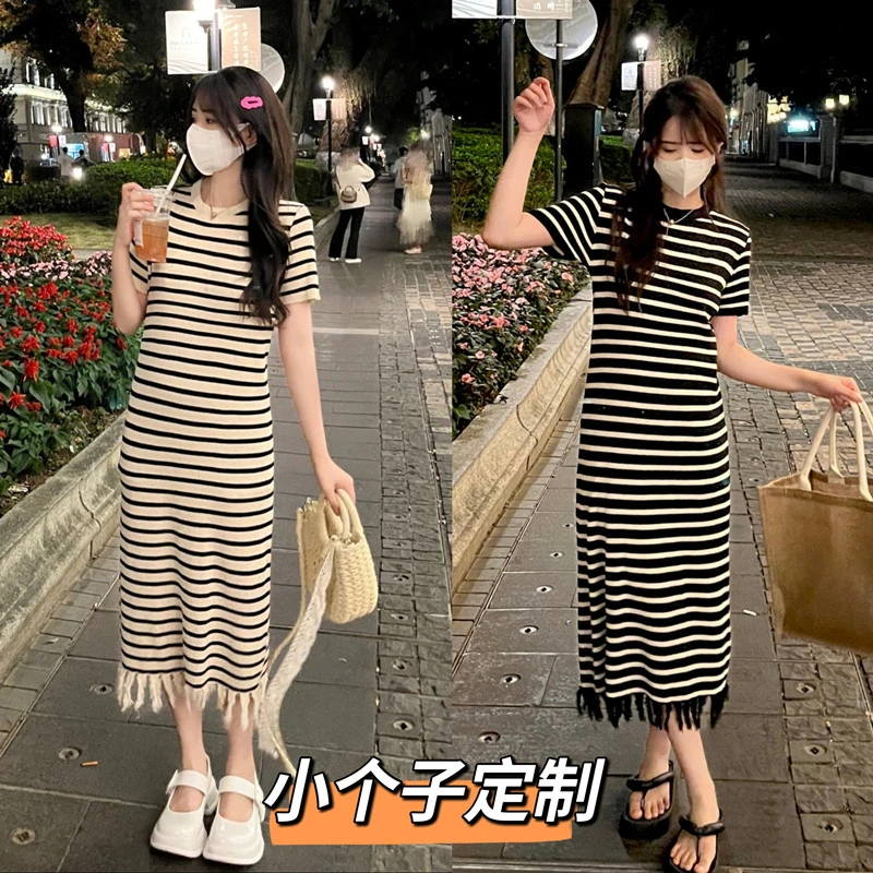 小个子条纹针织流苏连衣裙女150cm圆领短袖宽松直筒内搭长裙xs夏