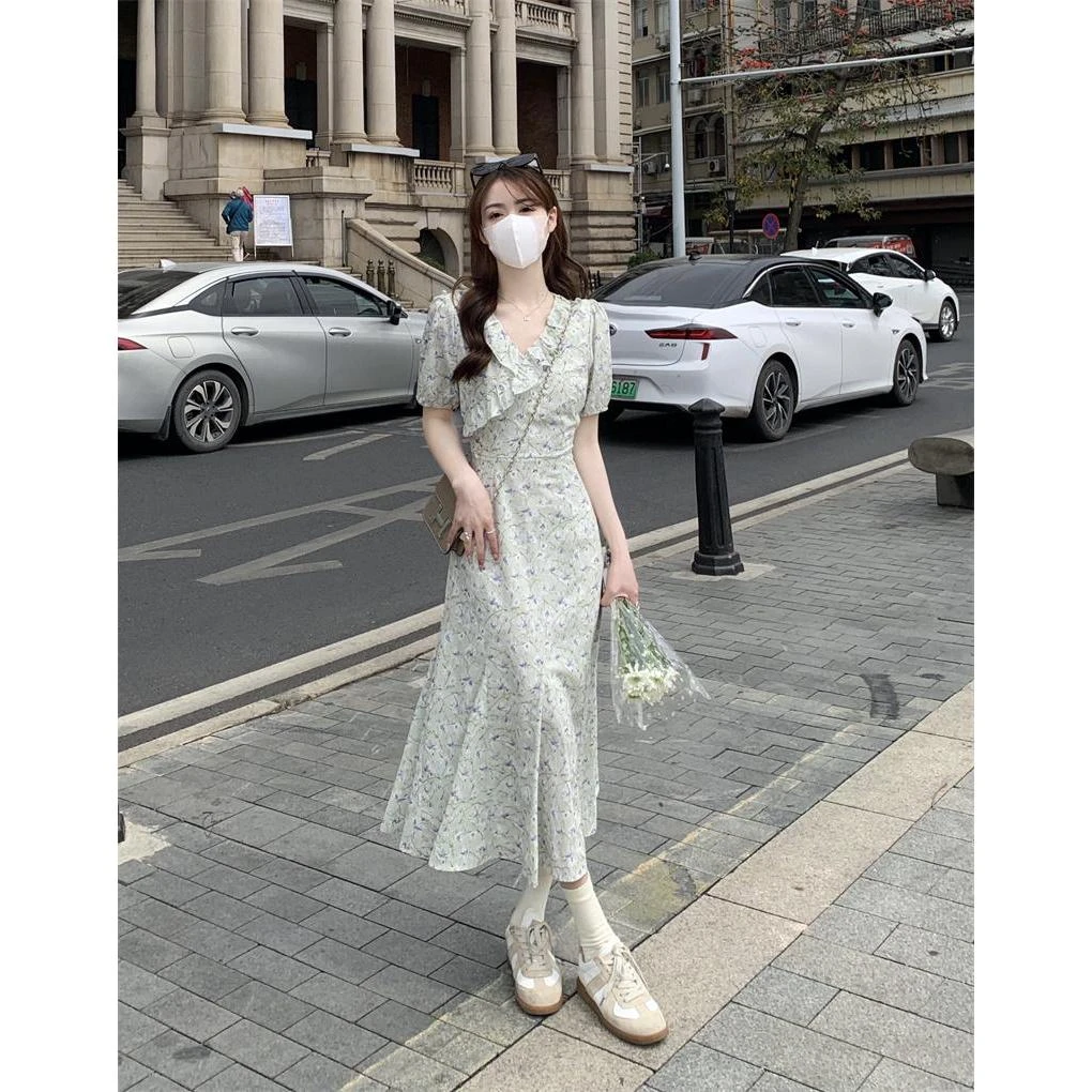 小个子夏季初恋气质温柔短袖碎花连衣裙150cm茶歇法式鱼尾长裙xs