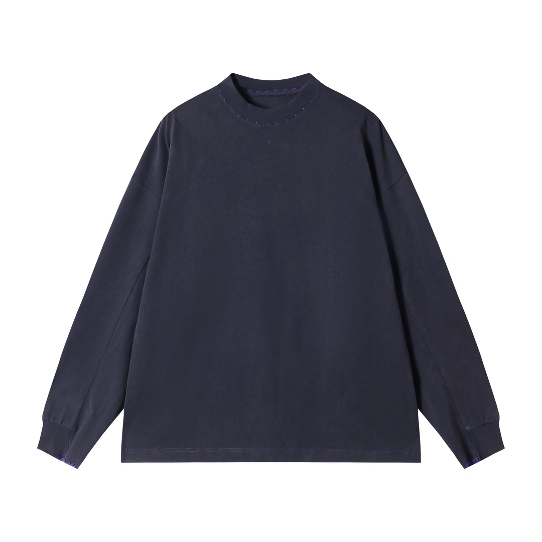 T1902新款时尚个性做旧刺绣撞色圆领套头休闲长袖T恤百搭宽松上衣