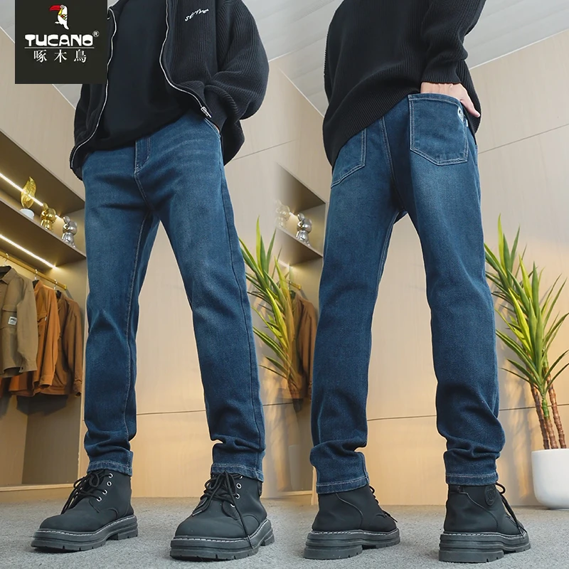 TUCANO/啄木鳥蓝色牛仔裤男士秋冬季修身小脚水洗休闲复古直筒裤
