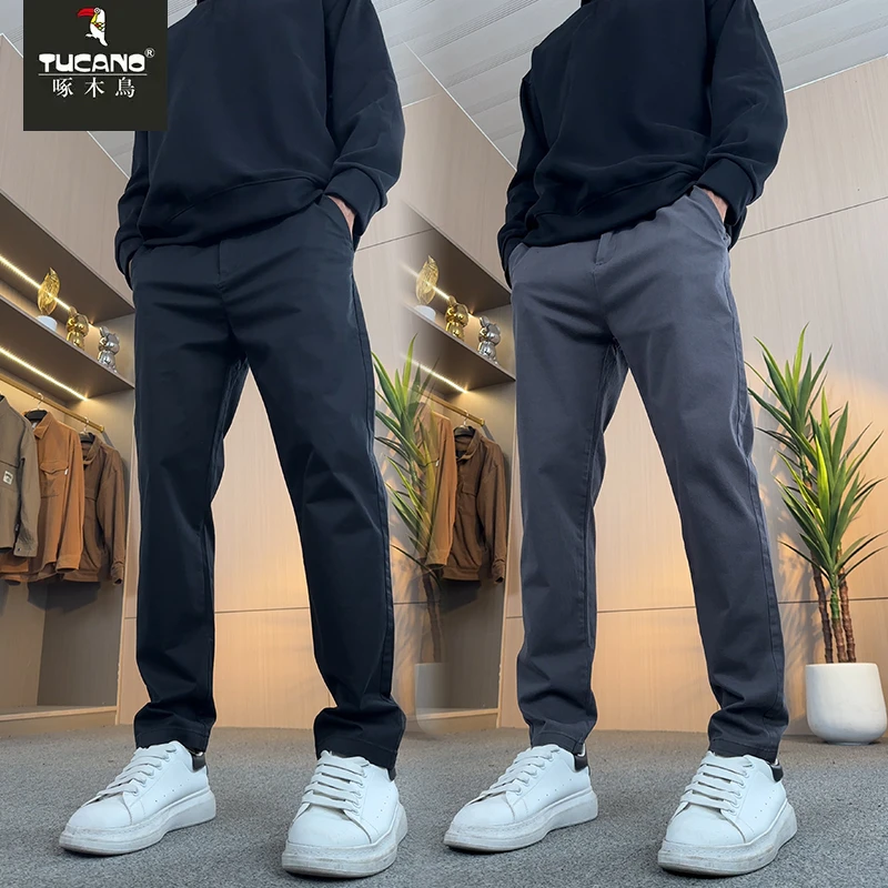 啄木鸟灰色秋冬新款纯棉休闲裤男商务修身小脚长裤显瘦西装裤子男