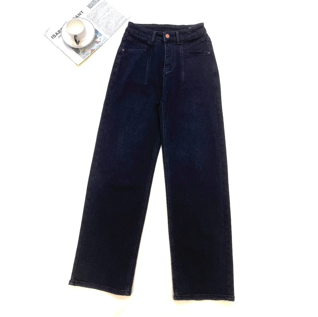 【希辰】秋冬磨毛高腰黑色牛仔宽松显瘦百搭直筒阔腿裤 B780