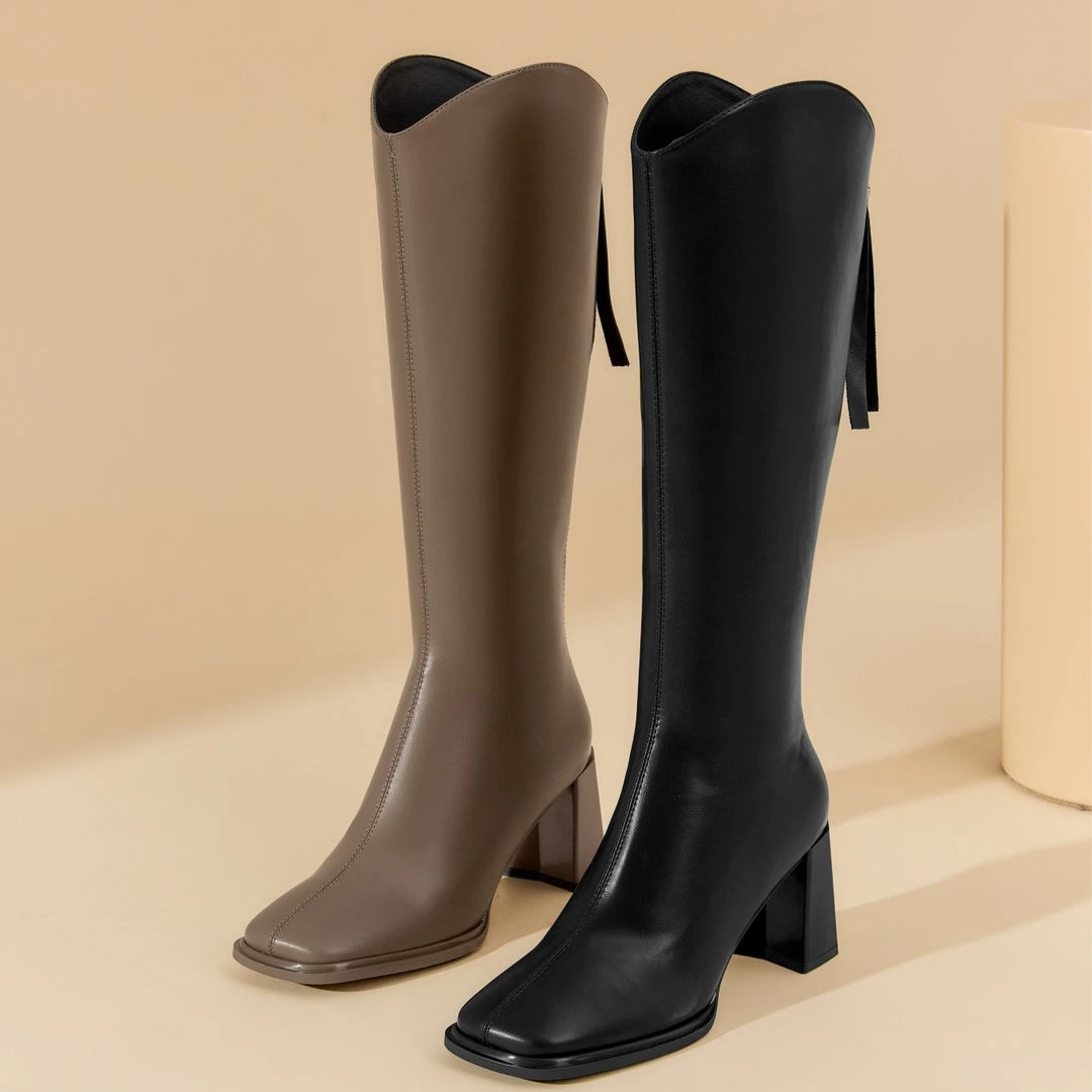 长筒靴气质女秋冬方头显瘦靴子女百搭增高粗跟女骑士靴高筒靴3918