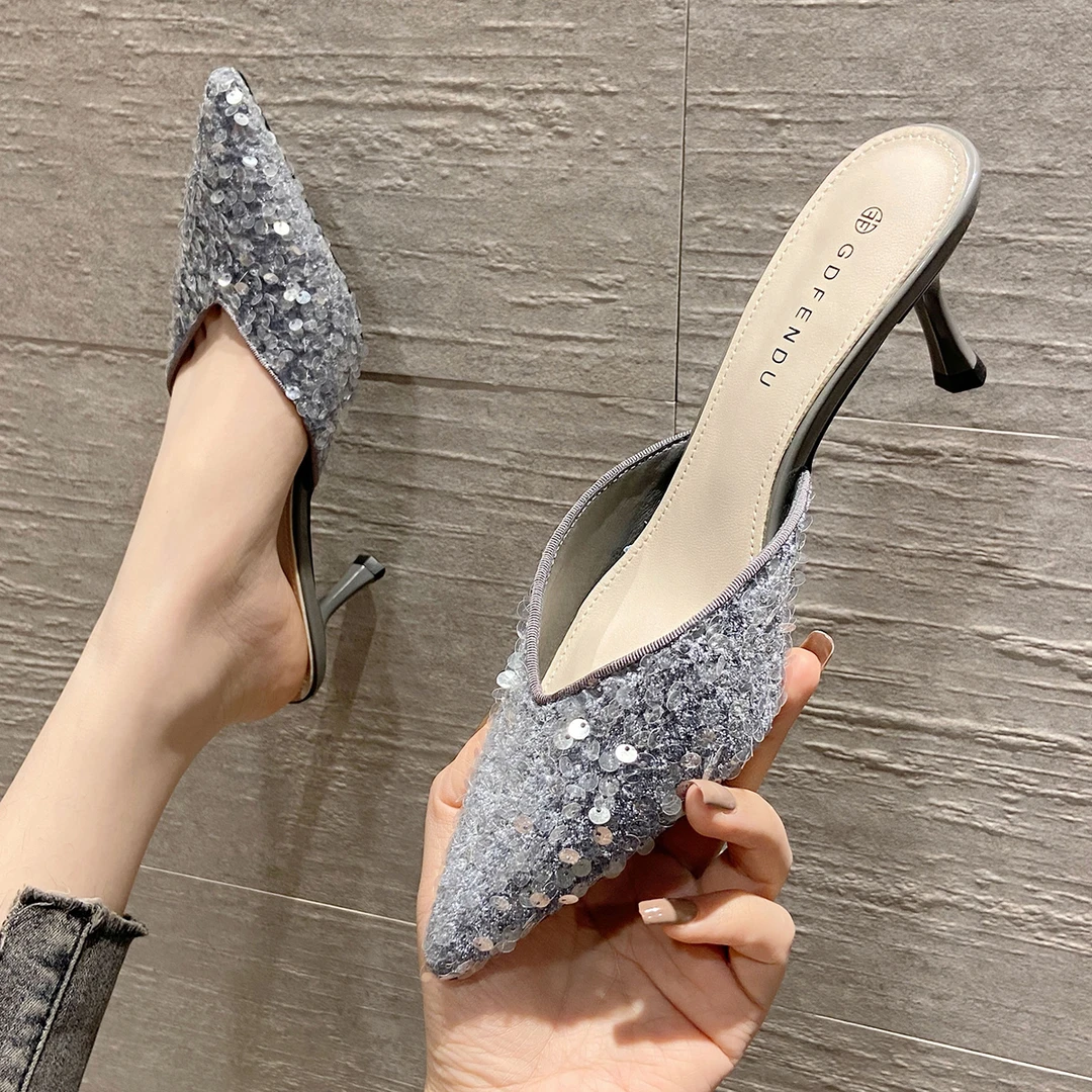 时尚设计包头凉拖鞋女外穿百搭亮片闪高跟女半拖尖头韩版3397