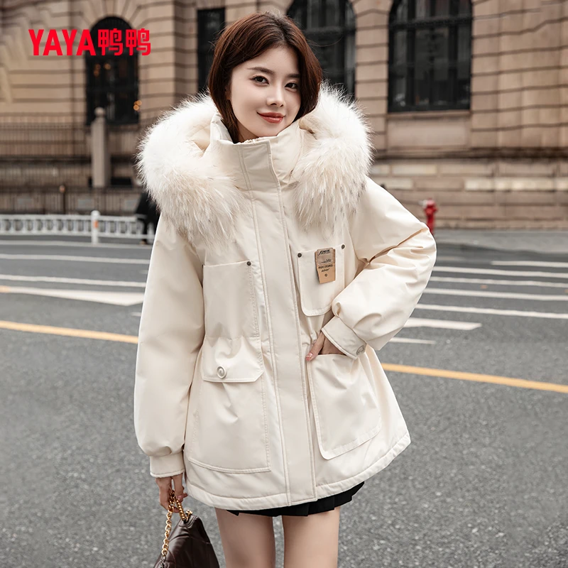 鸭鸭羽绒服女2024冬季新品貉子毛领中长款小香风百搭连帽保暖外套