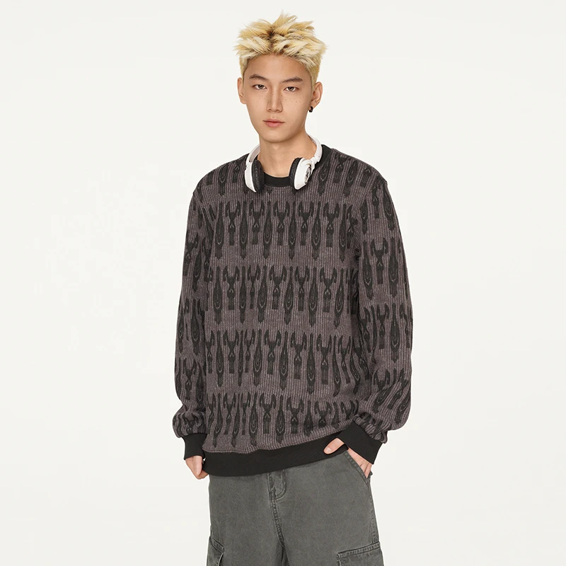 BH-BLACK新疆民族风艾德莱斯花纹粗针毛织卫衣男女同款圆领衫上衣