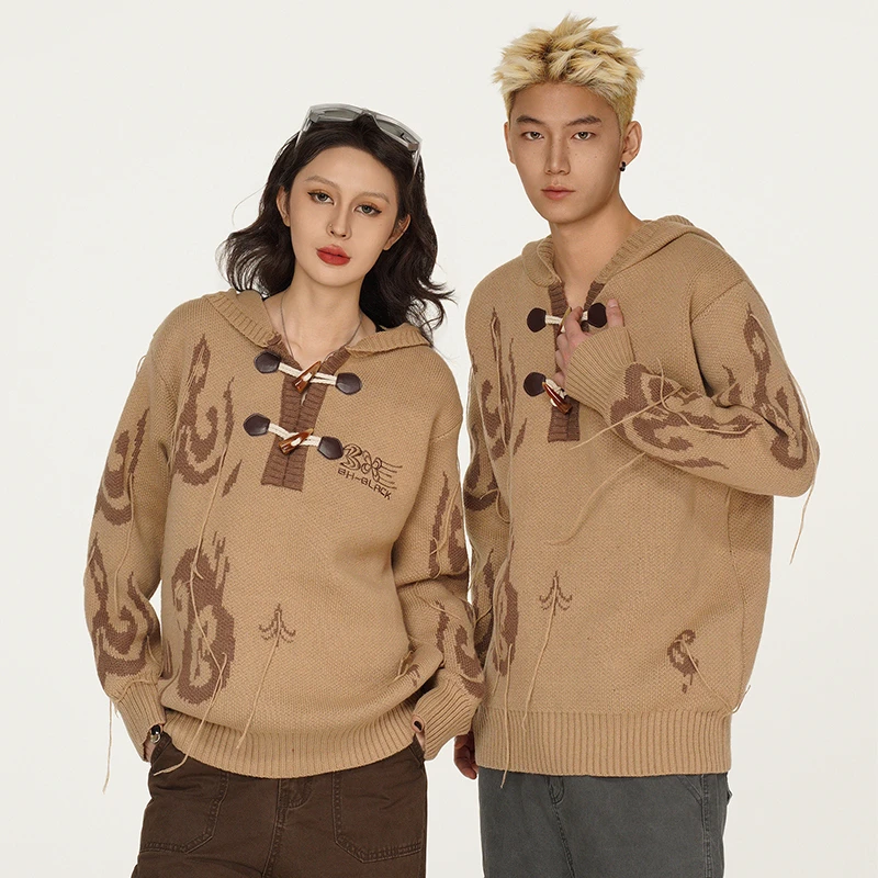 BH-BLACK新疆民族风艾德莱斯针织流苏毛衣秋冬情侣款连帽针织衫