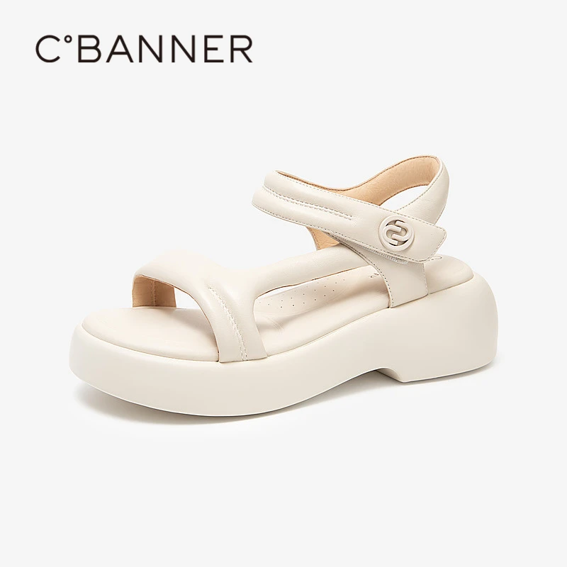 千百度2024夏季新款增高羊皮魔术贴休闲沙滩平底凉鞋A24380909