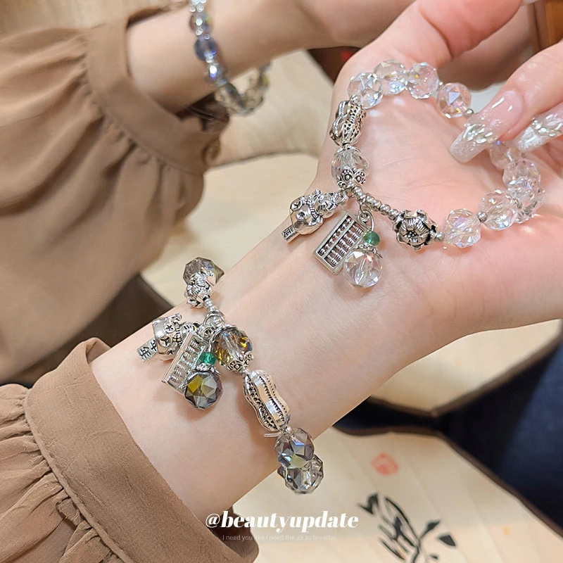 合金仿水晶手链 新中式好运莲生多彩串珠手链中国风手串百搭手饰