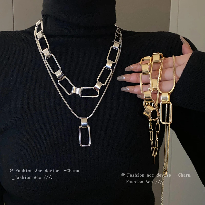 合金项链 金属长方链条项链夸张冷淡风毛衣链小众气质百搭饰品女