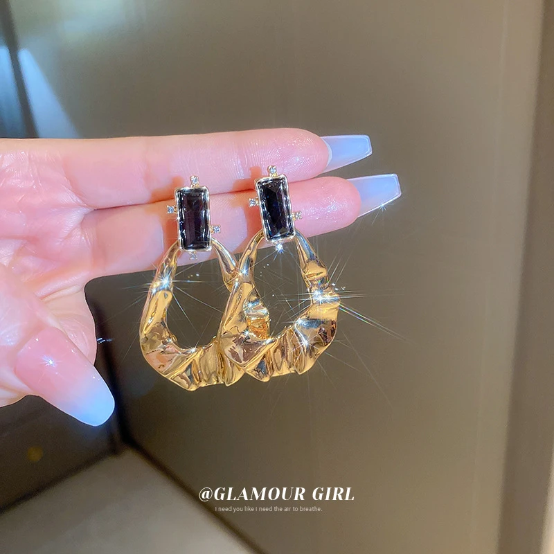 铜合金合成锆石耳饰 镶钻不规则金属褶皱耳环耳坠时尚气质耳饰女